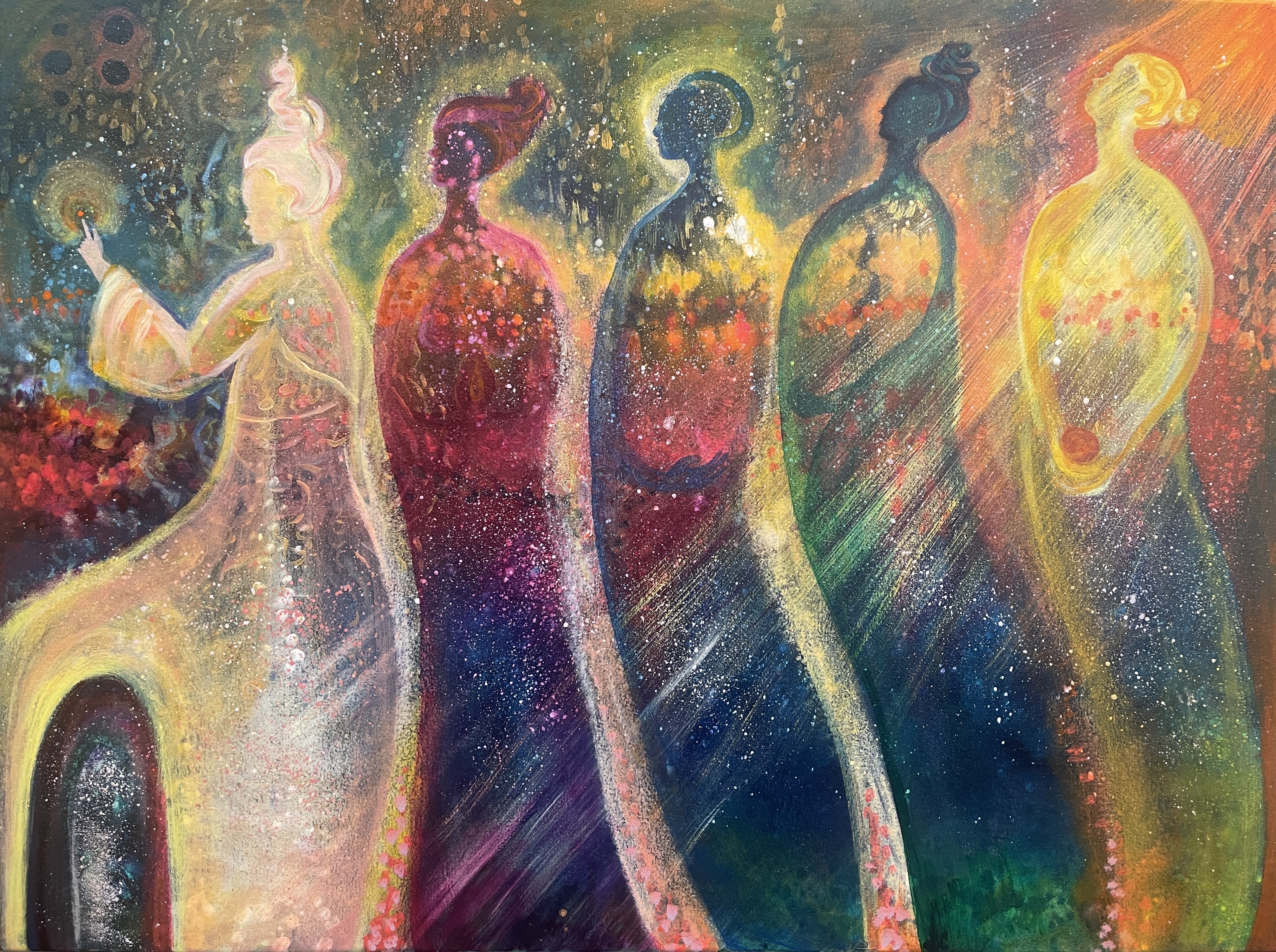 Five Muses, a painting by Shiloh Sophia: five glowing women in jewel tones standing together against a starry, golden background